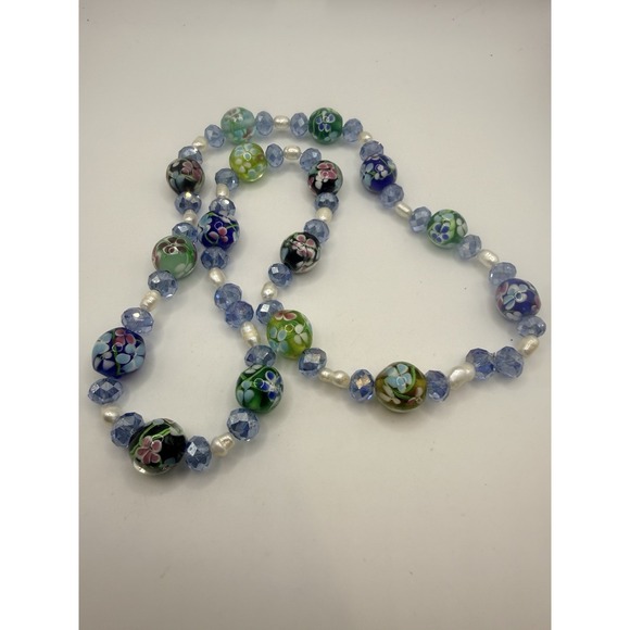 Jewelry - Floral Glass Pearl Beaded Necklace Blue Green Artisan Wedding Cake Style 23"